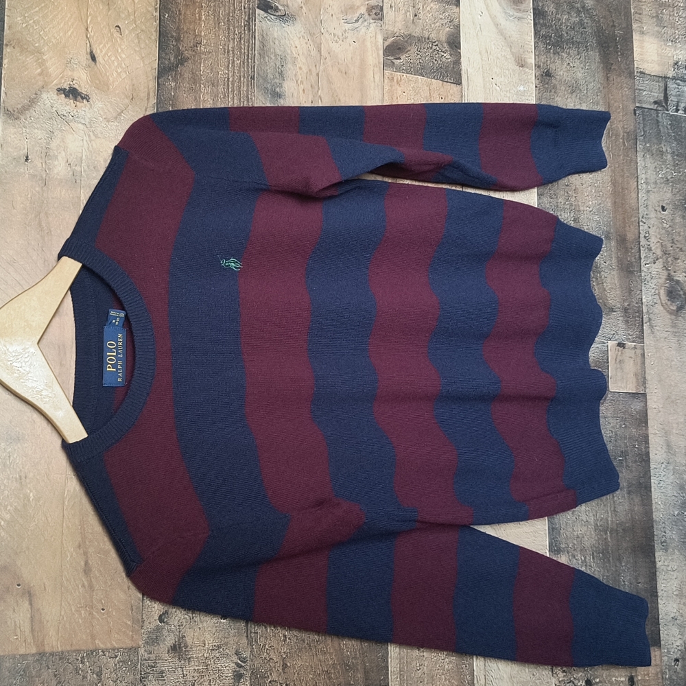 Polo Ralph Lauren 100% Wool Rugby Striped Crew Neck Sweater Med 10-12 Boys - Picture 13 of 16